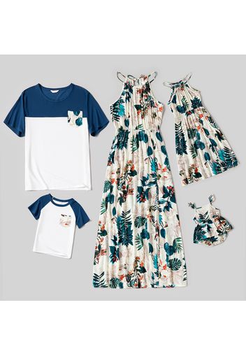 Floral Print Family Matching Sets(Sleeveless Halter Neck Dresses and Raglan Short Sleeve T-shirts)