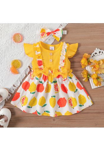 2pcs Baby Girl 95% Cotton Rib Knit Flutter-sleeve Spliced Lemon Print Ruffle Bowknot Dress with Headband Set