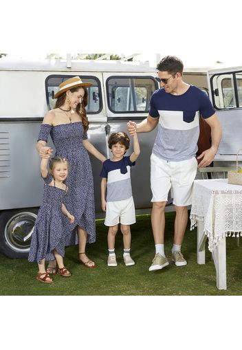 Family Matching Floral Print Off Shoulder Strapless Shirred Dresses and Colorblock Short-sleeve T-shirts Sets