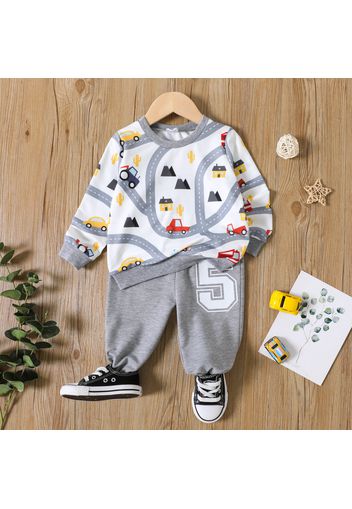 2pcs Toddler Boy Vehicle Print Pullover Sweatshirt and Number Print Grey Pants Set