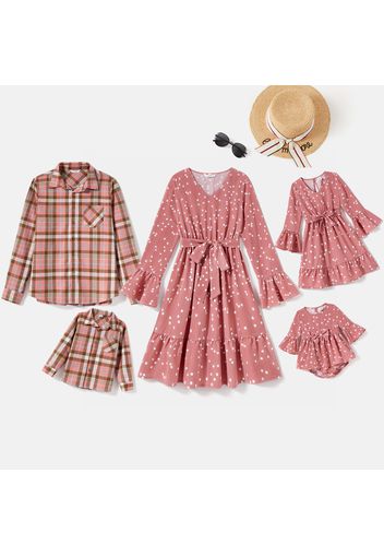 Family Matching Polka Dot Print V Neck Belted Ruffle Hem Bell Sleeve Dresses and Plaid Shirts Sets