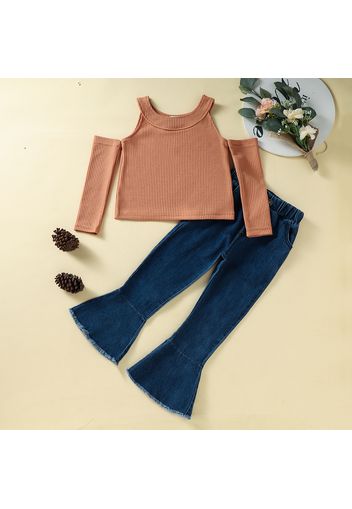 2-piece Kid Girl Cold Shoulder Ribbed Long-sleeve Top and Denim Flared Jeans Set