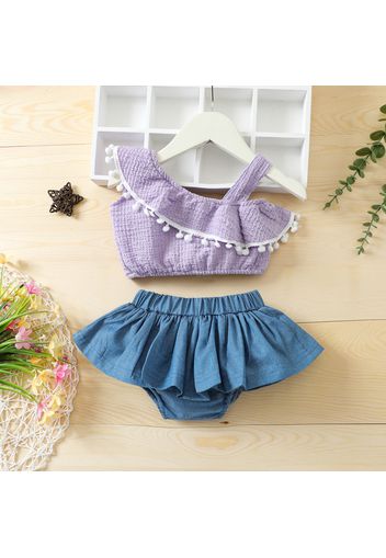 2pcs Color Block Ruffle Neckline Baby Set