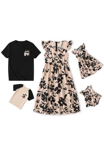 Family Matching Floral Print V Neck Flutter-sleeve Dresses and Short-sleeve T-shirts Sets