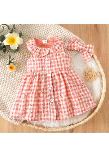 2pcs Baby Girl Floral Embroidered Pink Plaid Ruffle Sleeveless Tank Dress with Headband Set