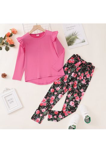 2-piece Kid Girl Ruffled Long-sleeve Pink High Low Tee and Floral Print Pants Set