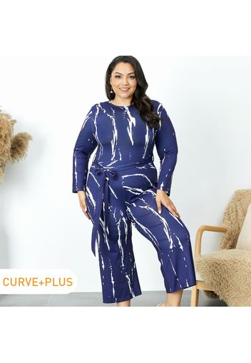 Women Plus Size Vacation Round-collar Back Hollow out Long-sleeve Belted Jumpsuit