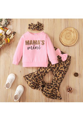 3pcs Baby Girl Letter Print Long-sleeve Top and Leopard Flared Pants Set