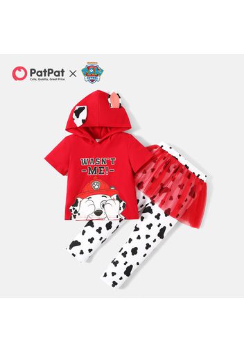 PAW Patrol 2pcs Toddler Girl Letter Print Hooded Ear Design Short-sleeve Cotton Tee and Allover Print Mesh Design Pants Set