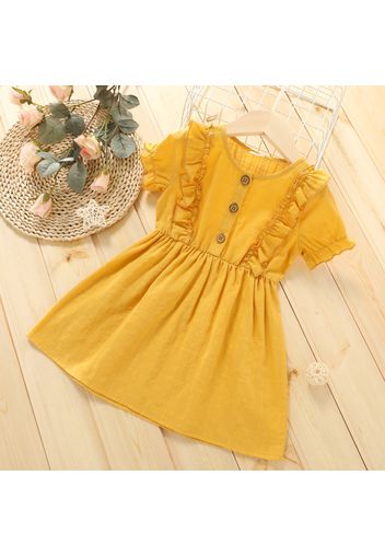 Toddler Girl 100% Cotton Ruffled Button Design Solid Color Short-sleeve Dress