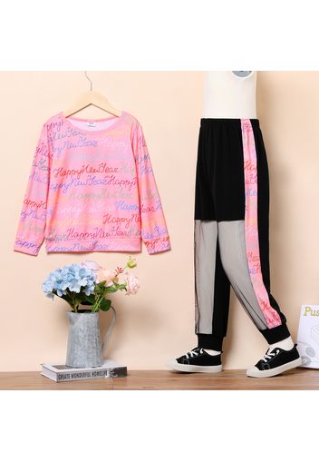 2-piece Kid Girl New Year Letter Print Sweatshirt and Colorblock Pants Set