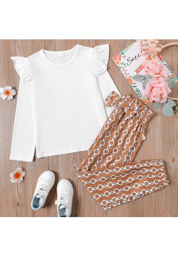 2-piece Kid Girl Ruffled Long-sleeve White Tee and Allover Print Bowknot Design Pants Set