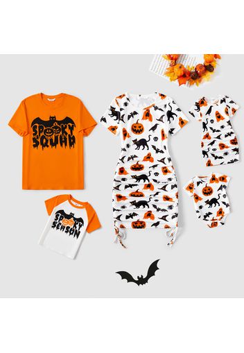 Halloween Family Matching 95% Cotton Short-sleeve Graphic T-shirts Allover Print Drawstring Ruched Bodycon Dresses Sets