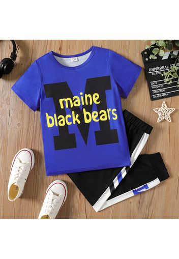 2pcs Kid Boy Letter Print Short-sleeve Tee and Striped Colorblock Pants Set