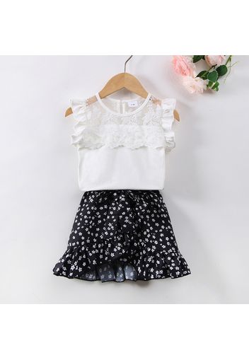 2pcs Toddler Girl Floral Lace Design Sleeveless White Tee and Floral Print Ruffled Skirt Set