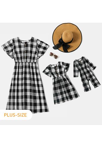 100% Cotton Black and White Plaid Print Short-sleeve Midi Dress for Mom and Me