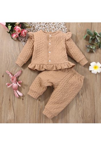 2pcs Baby Girl Solid Cable Knit Textured Long-sleeve Ruffle Top and Trousers Set