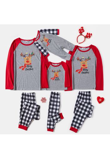 Christmas Deer with String Lights and Letter Print Family Matching Raglan Long-sleeve Plaid Pajamas Sets (Flame Resistant)