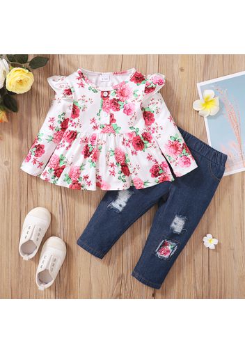 2pcs Baby Girl Floral Print Long-sleeve Top and Denim Ripped Jeans Set