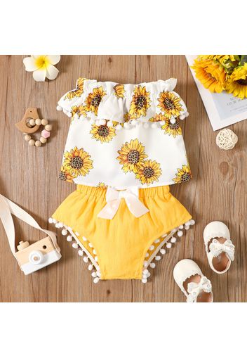 2pcs Baby Girl Sunflower Floral Print Off Shoulder Pom Poms Ruffle Top and 100% Cotton Shorts Set