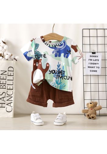 2pcs Baby Boy/Girl 100% Cotton Crepe Roll Up Hem Shorts and Allover Animal & Letter Print Short-sleeve T-shirt Set