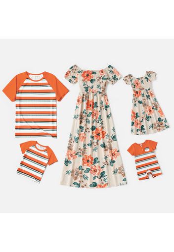 Family Matching Floral Print Off Shoulder Shirred Dresses and Short Raglan Sleeve Striped T-shirts Sets