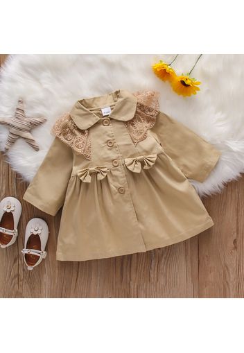 Solid Lace Splicing Lapel Button Down Bowknot Baby Windbreaker Dress