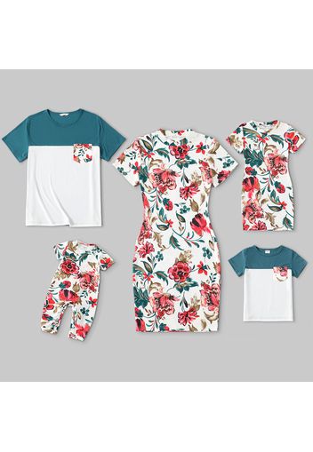 Family Matching All Over Floral Print Short-sleeve Bodycon Dresses and Colorblock T-shirts Sets