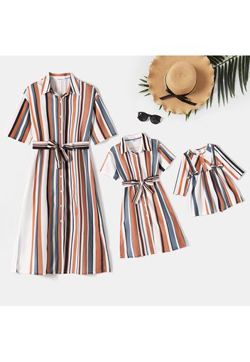 All Over Striped Lapel Button Down Belted Half-sleeve Midi Shirt Dress for Mom and Me