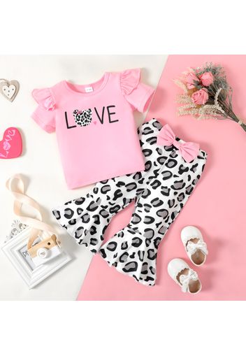 2pcs Baby Girl Letter Print Ruffle Short-sleeve T-shirt and Leopard Bowknot Flared Pants Set