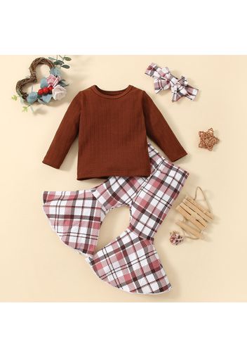 3pcs Baby Girl Coffee Ribbed Long-sleeve Tee and Plaid Bell Bottom Pants Set