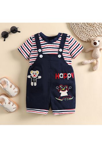 2pcs Baby Boy/Girl 100% Cotton Cartoon Overalls and Striped Short-sleeve Tee Set