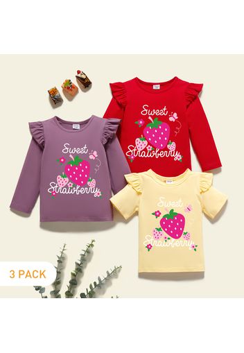 3-Pack Toddler Girl Graphic Strawberry and Letter Print Ruffled Tee Set