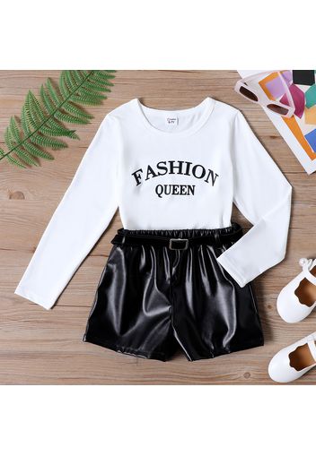 2pcs Kid Girl Letter Print Long-sleeve Tee and Belted Faux Leather Black Shorts Set