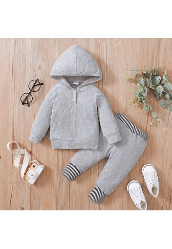 2pcs Baby Boy Solid Textured Long-sleeve Hoodie and Striped Splicing Trousers Set