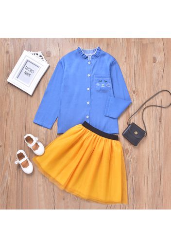 2-piece Kid Girl Ruffle Collar Cat Embroidered Button Design Long-sleeve Shirt and Mesh Skirt Set