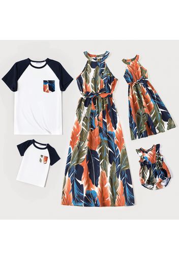 Family Matching All Over Plant Print Halter Neck Off Shoulder Midi Dresses and Raglan-sleeve T-shirts Sets