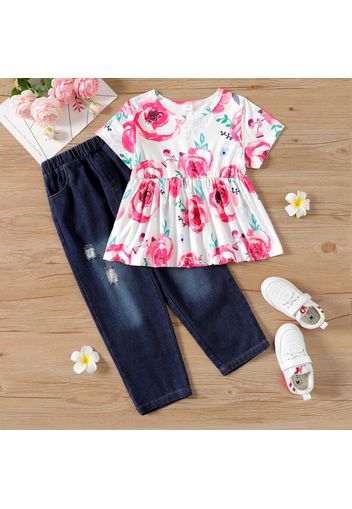 2-piece Kid Girl Floral Print Short-sleeve Tee and Ripped Denim Jeans Set