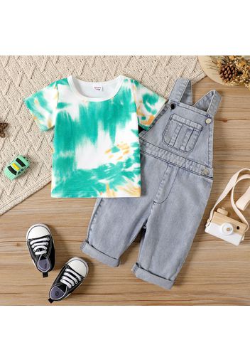 2pcs Baby Boy/Girl 100% Cotton Denim Overalls and Tie Dye Short-sleeve T-shirt Set