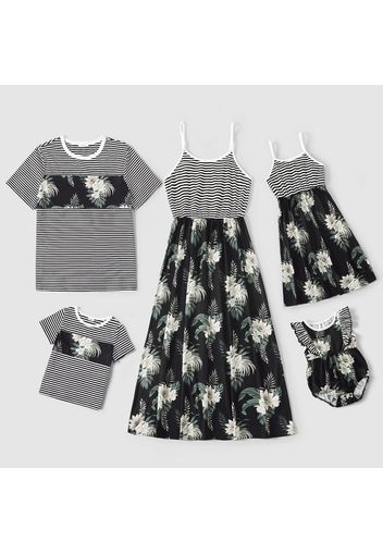 Family Matching 100% Cotton Stripe Splicing Floral Print Cami Dresses and Short-sleeve T-shirts Sets