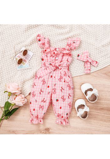 2pcs Baby Girl Allover Pink Butterfly Print Button Front Belted Flutter-sleeve Jumpsuit with Headband Set