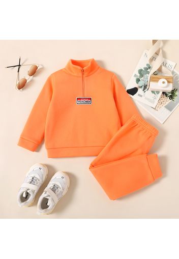 2-piece Toddler Boy Stand Collar Letter Embroidered Zipper Sweatshirt and Solid Color Pants Set