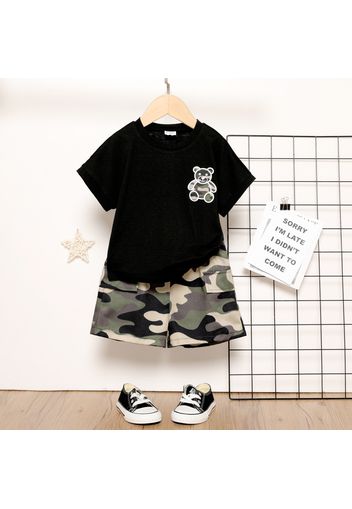 2pcs Toddler Boy Bear Print Short-sleeve Black Tee and Camouflage Print Shorts Set