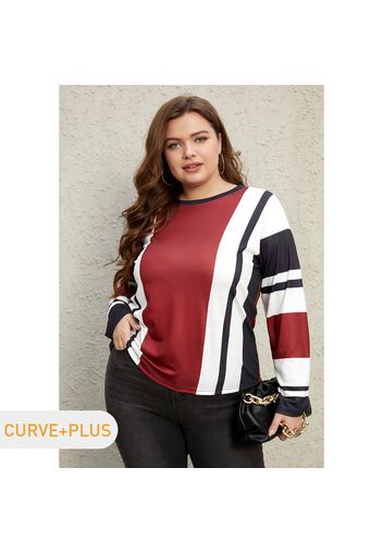 Women Plus Size Casual Colorblock Long-sleeve Tee