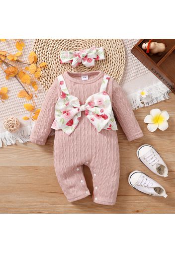 2-piece Baby Girl Floral Print Bowknot Design Cable Knit Textured Long-sleeve Jumpsuit and Headband Set