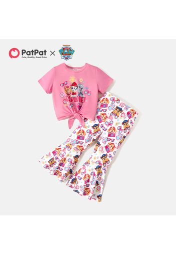 PAW Patrol 2pcs Toddler Girl Floral Print Tie Knot Short-sleeve Pink Tee and Flared Pants Set