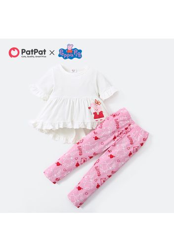 Peppa Pig 2pcs Toddler Girl Ruffled High Low Short-sleeve White Cotton Tee and Heart Letter Print Pink Pants Set