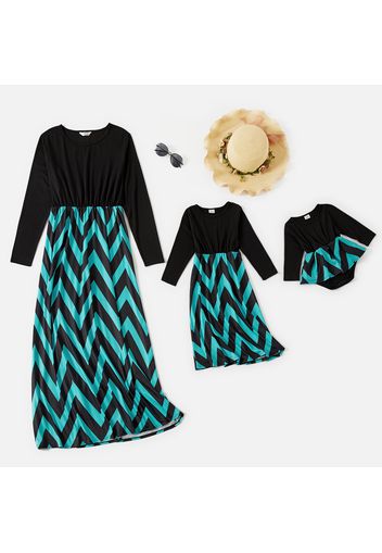 Chevron Stripe Print Blue and Black Splicing Long Sleeve Midi Dress for Mom and Me