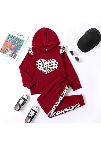 2-piece Kid Girl Heart Pattern Leopard Print Hoodie Sweatshirt and Elasticized Pants Set