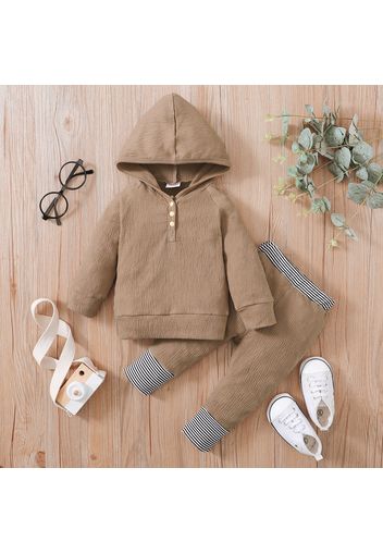 2pcs Baby Boy Solid Textured Long-sleeve Hoodie and Striped Splicing Trousers Set